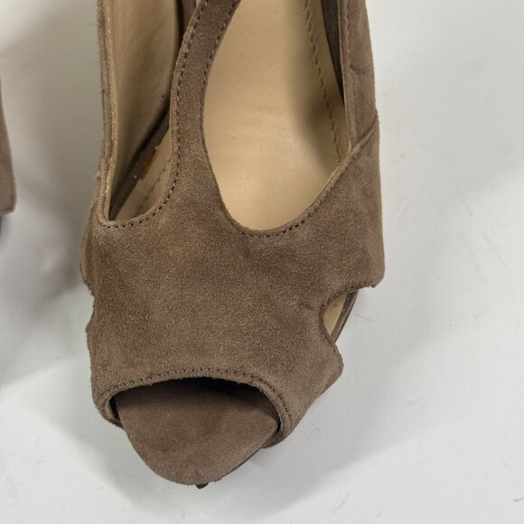 Kenneth Cole Platform Heels T-Strap Taupe Suede Peep Toe Heel Size 8.5 - Picture 13 of 14